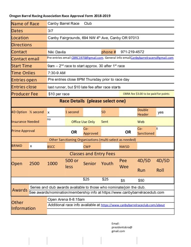 2020 March 7 CBRC – Canby Barrel Race Club – Race Approval Form ...